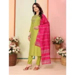 Generic Women's Silk Embroidered 3-4 th Sleeve Sweetheart Neck Kurti With Pant Dupatta Set (Green) - Image 4