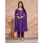 Generic Women's Cotton Blend Embroidered 3-4 th Sleeve Sweetheart Neck Kurti With Pant Dupatta Set (Purple )
