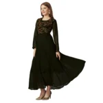 Generic Women's Georgette Embroidered Full Sleeve Round Neck Gown (Mehendi) - Image 4