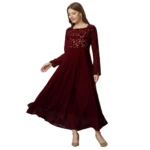 Generic Women's Georgette Embroidered Full Sleeve Round Neck Gown (Maroon) - Image 4
