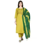 Generic Women's Cotton Blend Embroidered 3-4 th Sleeve Round Neck Kurti With Pant Dupatta Set (Yellow)