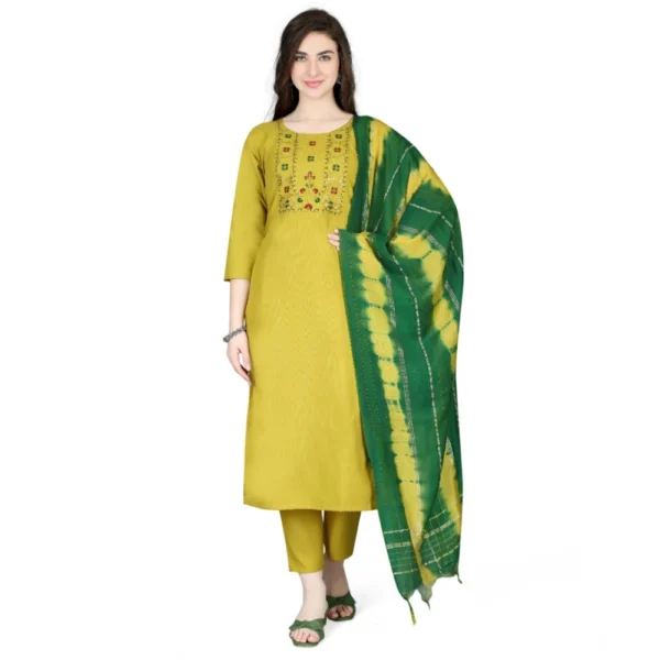 Generic Women's Cotton Blend Embroidered 3-4 th Sleeve Round Neck Kurti With Pant Dupatta Set (Yellow)