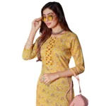 Generic Women's Cotton Blend Foil Print - Mirror Work 3-4 th Sleeve Round Neck Kurti With Pant Set (Mustard) - Image 4