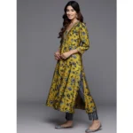 Generic Women's Cotton Blend Printed 3-4 th Sleeve V Neck Kurti With Pant Dupatta Set (Yellow) - Image 4