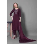 Generic Women's Silk Blend Embroidered 3-4 th Sleeve Round Neck Kurti With Pant Dupatta Set (Purple) - Image 3