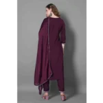 Generic Women's Silk Blend Embroidered 3-4 th Sleeve Round Neck Kurti With Pant Dupatta Set (Purple) - Image 5