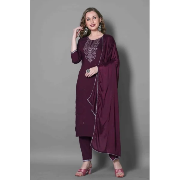 Generic Women's Silk Blend Embroidered 3-4 th Sleeve Round Neck Kurti With Pant Dupatta Set (Purple)