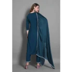 Generic Women's Silk Blend Embroidered 3-4 th Sleeve Round Neck Kurti With Pant Dupatta Set (Blue) - Image 5