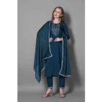 Generic Women's Silk Blend Embroidered 3-4 th Sleeve Round Neck Kurti With Pant Dupatta Set (Blue)