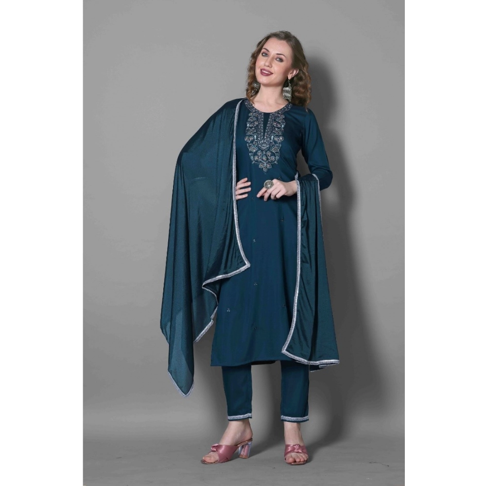 54486654714_60640f0839_o_d-1000x1000-1.webp Generic Women's Silk Blend Embroidered 3-4 th Sleeve Round Neck Kurti With Pant Dupatta Set (Blue) - Image 1