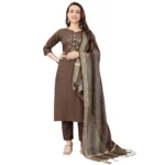 Generic Women's Cotton Blend Mirror Work 3-4 th Sleeve Sweetheart Neck Kurti With Pant Dupatta Set (Brown)