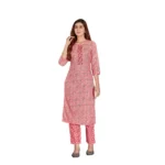 Generic Women's Cotton Blend Foil Print - Mirror Work 3-4 th Sleeve Round Neck Kurti With Pant Set (Pink)