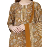 Generic Women's Cotton Blend Printed 3-4 th Sleeve Round Neck Kurti With Pant Dupatta Set (Yellow) - Image 3