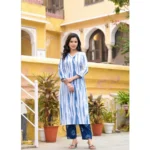 Generic Women's Cotton Printed 3-4 th Sleeve V Neck Kurti With Pant Dupatta Set (Blue) - Image 4