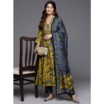 Generic Women's Cotton Blend Printed 3-4 th Sleeve V Neck Kurti With Pant Dupatta Set (Yellow) - Image 3