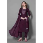 Generic Women's Silk Blend Embroidered 3-4 th Sleeve Round Neck Kurti With Pant Dupatta Set (Purple) - Image 4