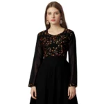 Generic Women's Georgette Embroidered Full Sleeve Round Neck Gown (Black) - Image 3