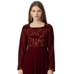 Generic Women's Georgette Embroidered Full Sleeve Round Neck Gown (Maroon) - Image 3
