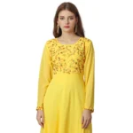 Generic Women's Georgette Embroidered Full Sleeve Round Neck Gown (Yellow ) - Image 4