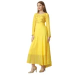 Generic Women's Georgette Embroidered Full Sleeve Round Neck Gown (Yellow ) - Image 3