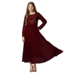 Generic Women's Georgette Embroidered Full Sleeve Round Neck Gown (Maroon)