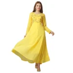 Generic Women's Georgette Embroidered Full Sleeve Round Neck Gown (Yellow )