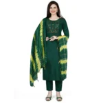 Generic Women's Cotton Blend Embroidered 3-4 th Sleeve Round Neck Kurti With Pant Dupatta Set (Green) - Image 4