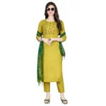 Generic Women's Cotton Blend Embroidered 3-4 th Sleeve Round Neck Kurti With Pant Dupatta Set (Yellow) - Image 3