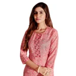 Generic Women's Cotton Blend Foil Print - Mirror Work 3-4 th Sleeve Round Neck Kurti With Pant Set (Pink) - Image 3