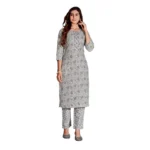 Generic Women's Cotton Blend Foil Print - Mirror Work 3-4 th Sleeve Round Neck Kurti With Pant Set (Grey)