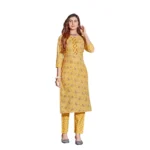 Generic Women's Cotton Blend Foil Print - Mirror Work 3-4 th Sleeve Round Neck Kurti With Pant Set (Mustard) - Image 5