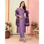 Generic Women's Silk Embroidered 3-4 th Sleeve Sweetheart Neck Kurti With Pant Dupatta Set (Lavender) - Image 3