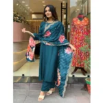 Generic Women's Viscose Rayon Embroidery 3-4th Sleeve V Neck Kurti Set With Dupatta (Turquoise Blue) - Image 3