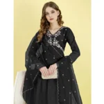 Generic Women's Vichitra Embroidery 3-4th Sleeve V Neck Alia Cut Kurti Set With Dupatta (Black) - Image 3