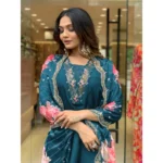 Generic Women's Viscose Rayon Embroidery 3-4th Sleeve V Neck Kurti Set With Dupatta (Turquoise Blue) - Image 4