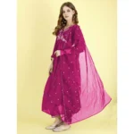 Generic Women's Vichitra Embroidery 3-4th Sleeve V Neck Alia Cut Kurti Set With Dupatta (Rani) - Image 3