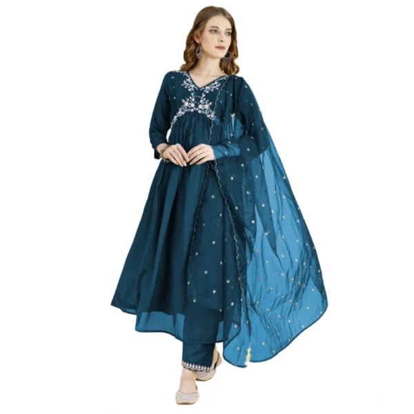Generic Women's Vichitra Embroidery 3-4th Sleeve V Neck Alia Cut Kurti Set With Dupatta (Blue)