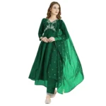 Generic Women's Vichitra Embroidery 3-4th Sleeve V Neck Alia Cut Kurti Set With Dupatta (Green)