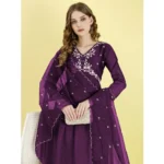 Generic Women's Vichitra Embroidery 3-4th Sleeve V Neck Alia Cut Kurti Set With Dupatta (Wine) - Image 3