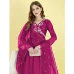 Generic Women's Vichitra Embroidery 3-4th Sleeve V Neck Alia Cut Kurti Set With Dupatta (Rani) - Image 4