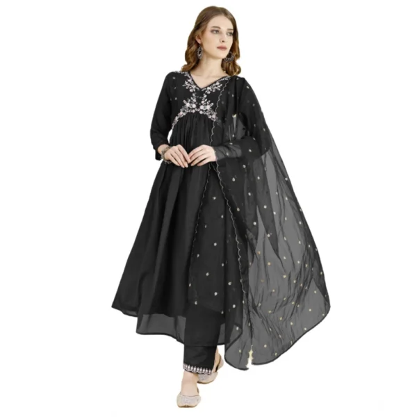 Generic Women's Vichitra Embroidery 3-4th Sleeve V Neck Alia Cut Kurti Set With Dupatta (Black)