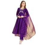 Generic Women's Vichitra Embroidery 3-4th Sleeve V Neck Alia Cut Kurti Set With Dupatta (Purple)