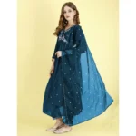 Generic Women's Vichitra Embroidery 3-4th Sleeve V Neck Alia Cut Kurti Set With Dupatta (Blue) - Image 3