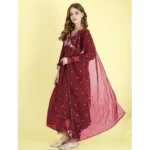 Generic Women's Vichitra Embroidery 3-4th Sleeve V Neck Alia Cut Kurti Set With Dupatta (Maroon) - Image 3