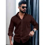 Generic Men's Casual PollyCotton Self-design Full Sleeve Collar Shirt (Brown) - Image 3