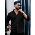 Generic Men's Casual PollyCotton Textured Full Sleeve Collar Shirt (Black)