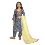 Generic Girl's Maslin Embrodrery Lace Aliya Cut Top With Bottom Dupatta Set (Blue)