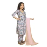 Generic Girl's Maslin Embrodrery Lace Aliya Cut Top With Bottom Dupatta Set (Grey) - Image 3