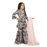 Generic Girl's Maslin Embrodrery Lace Aliya Cut Top With Sharara Dupatta Set (Grey Pink) - Image 4