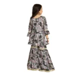 Generic Girl's Maslin Embrodrery Lace Aliya Cut Top With Sharara Dupatta Set (Grey Pink) - Image 5